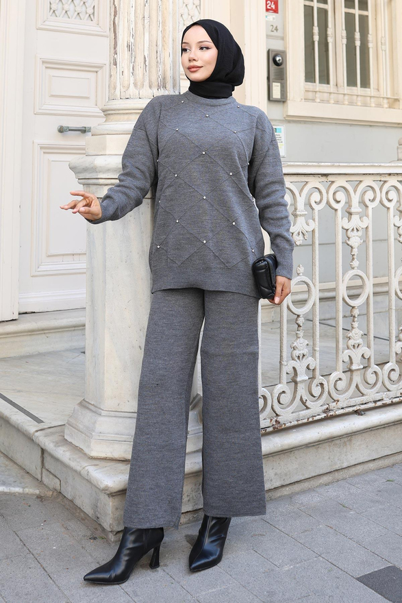 Taş Detaylı Triko Takım Gri 6148