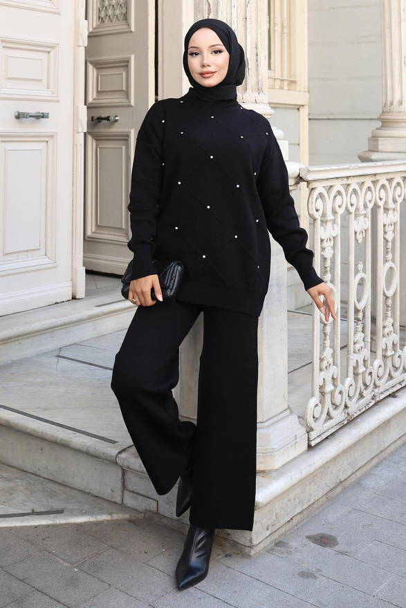 Taş Detaylı Triko Takım Siyah 6148