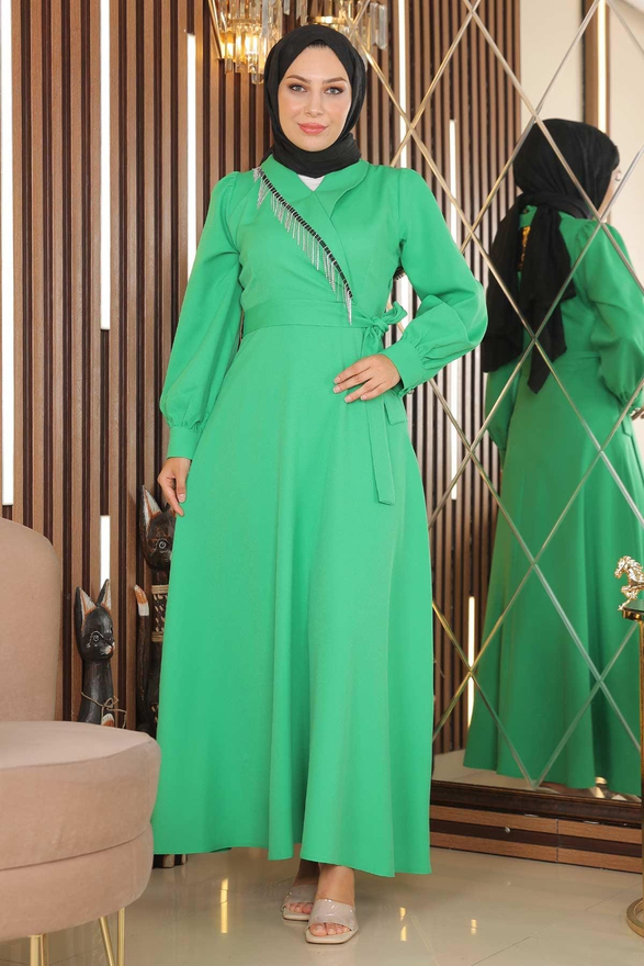 Taş Püsküllü Elbise Yeşil MSW18700