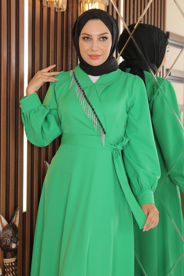 Taş Püsküllü Elbise Yeşil MSW18700