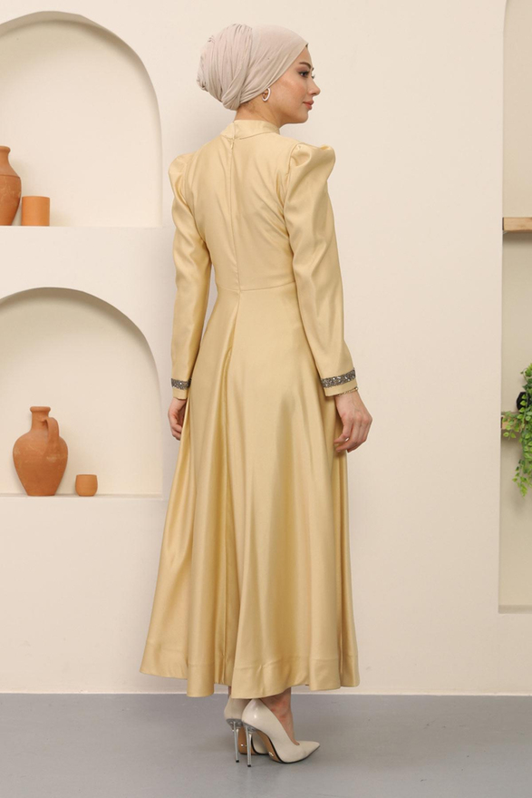 Taşlı Saten Abiye Gold 12247