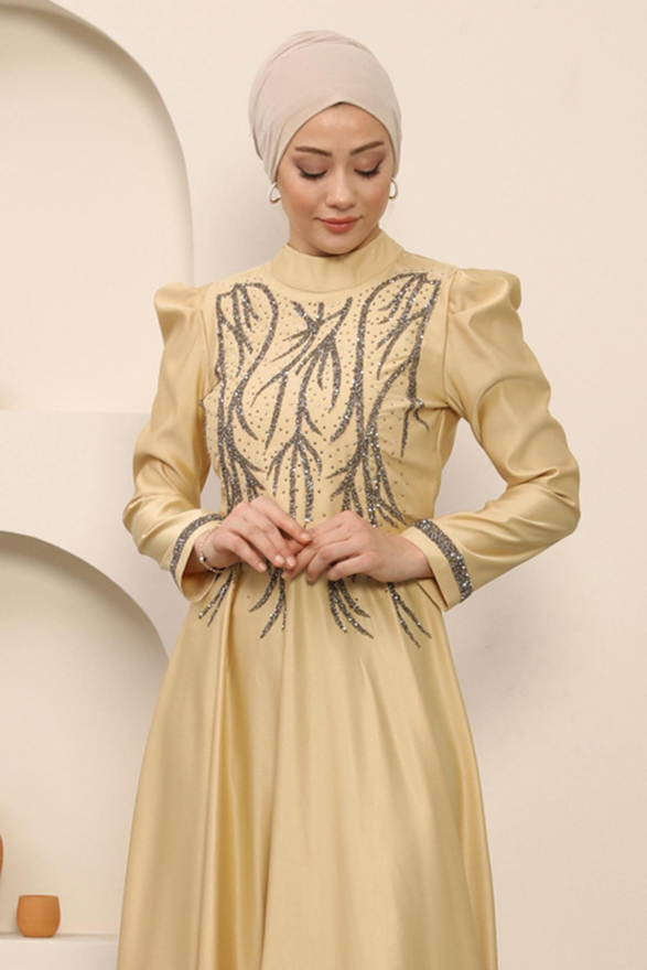 Taşlı Saten Abiye Gold 12247