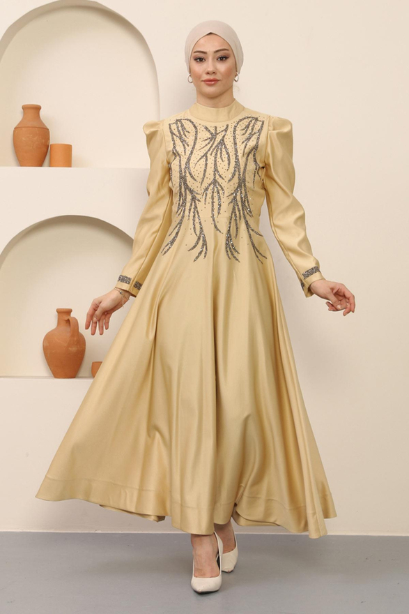 Taşlı Saten Abiye Gold 12247