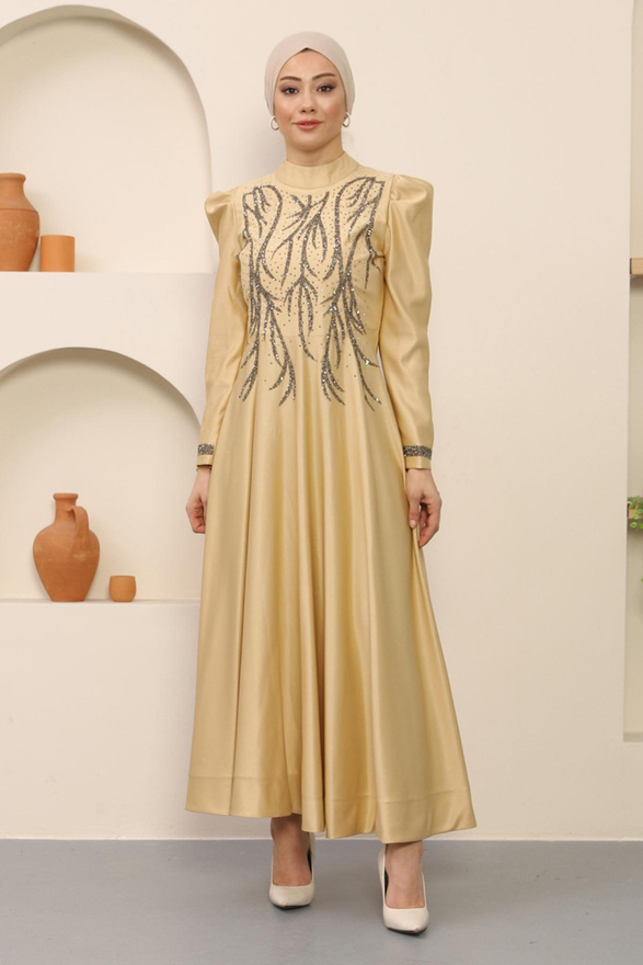 Taşlı Saten Abiye Gold 12247