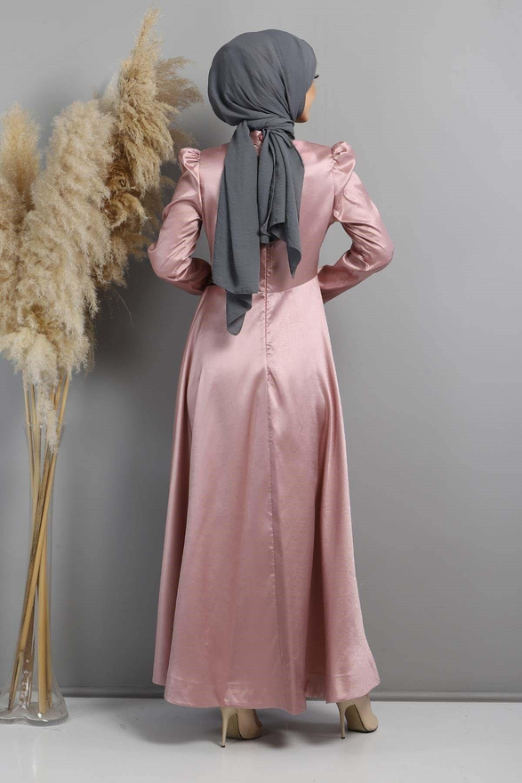 Taşlı Yakma Desenli Abiye Gül Kurusu 11404