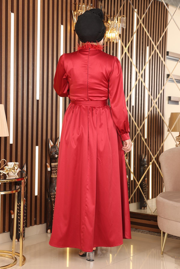 Tüy Detaylı Saten Abiye Kırmızı 19123