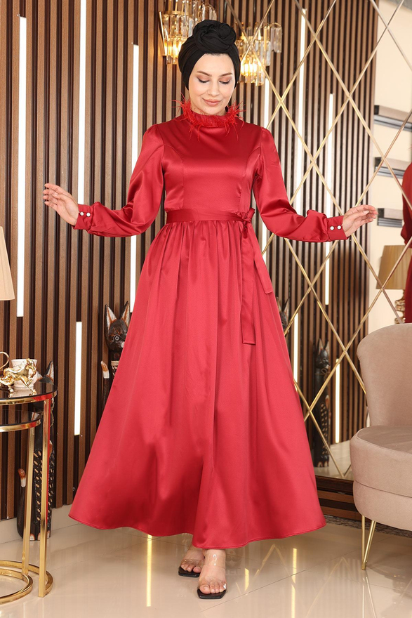 Tüy Detaylı Saten Abiye Kırmızı 19123