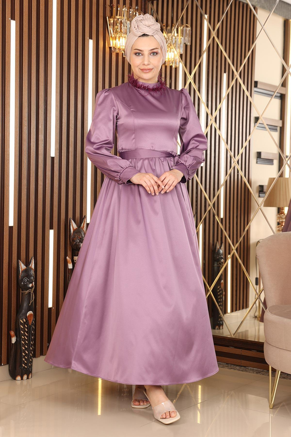 Tüy Detaylı Saten Abiye Lila 19123
