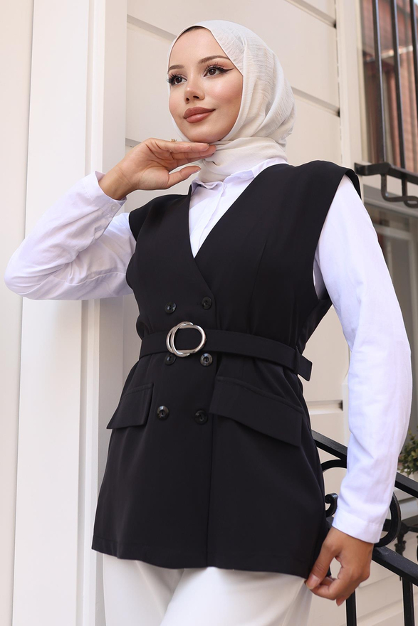 V Yaka Yelekli Takım Siyah 19254