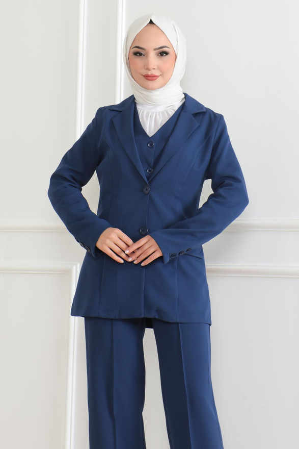 Yelekli Üçlü Takım İndigo MSW19222-2