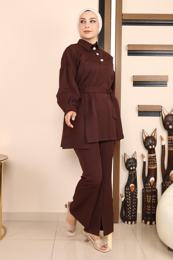 Yırtmaçlı Takım Kahverengi MSW19129-5