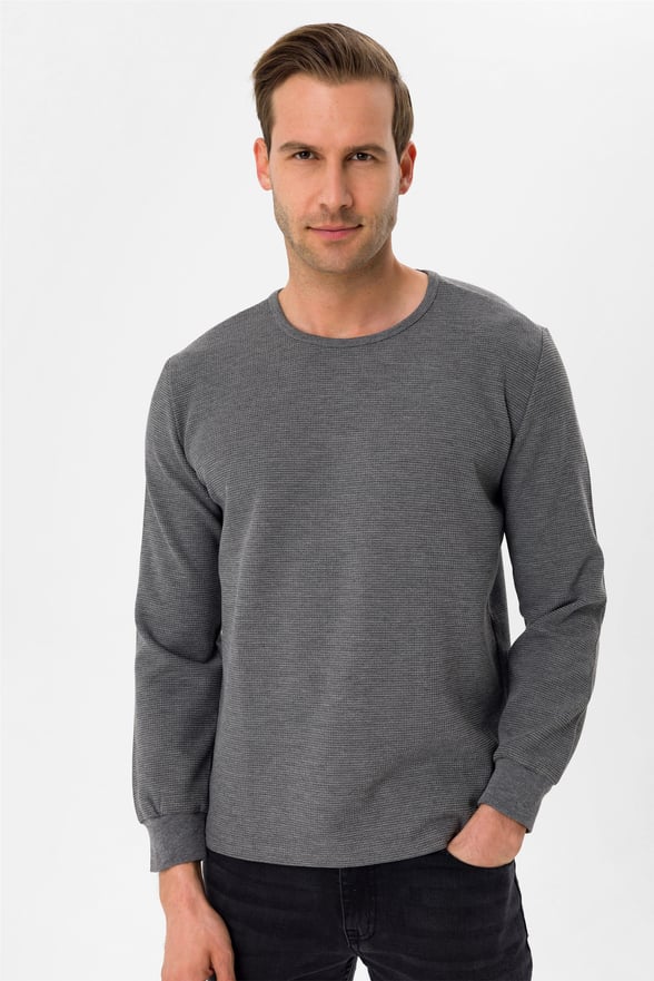 Açık Gri Regular Armürlü O Yaka  Sweatshirt