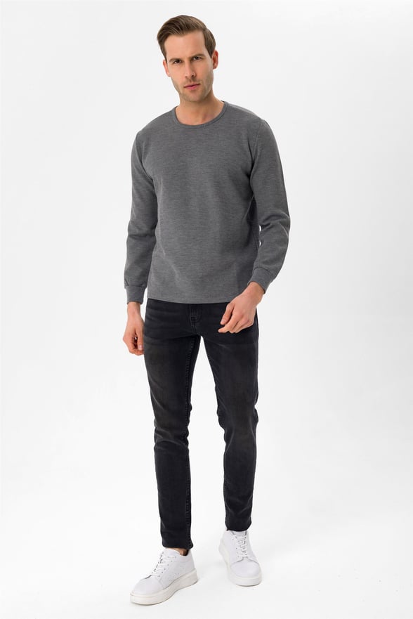 Açık Gri Regular Armürlü O Yaka  Sweatshirt