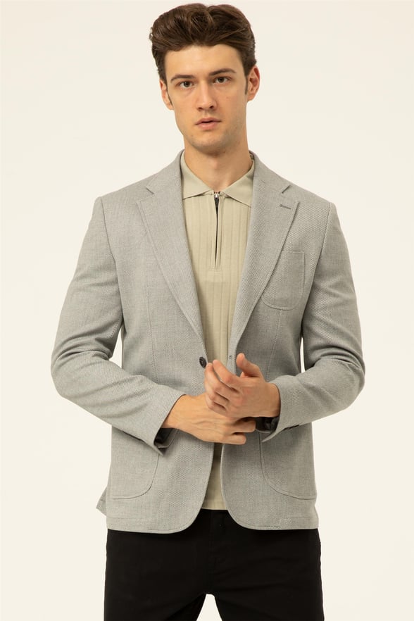 Açık Gri Slim Armürlü Mono Yaka 6 Drop                                                       Ceket