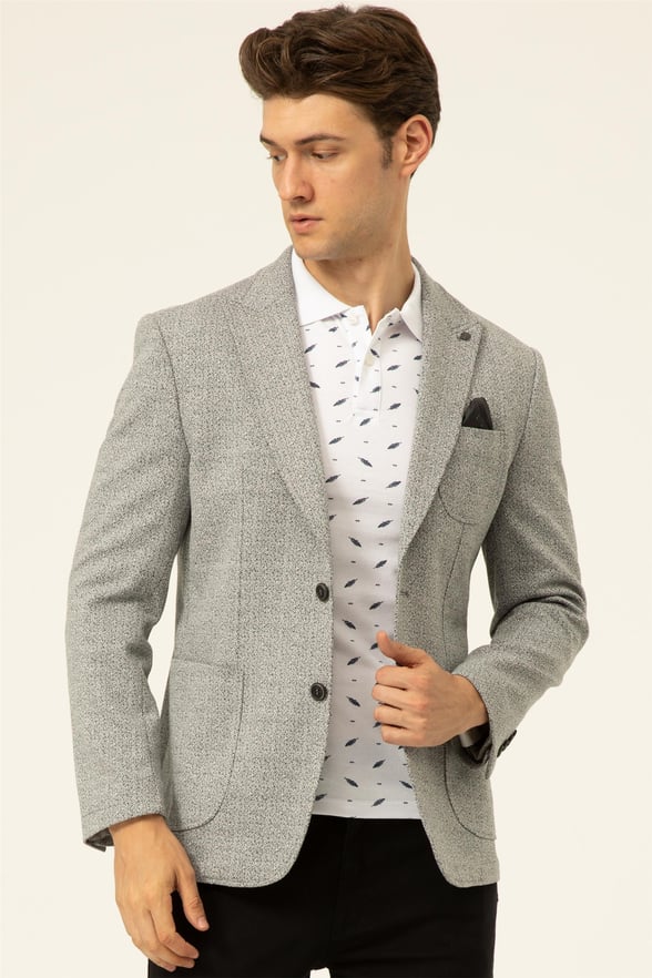 Açık Gri Slim Armürlü Mono Yaka 6 Drop                                                       Ceket