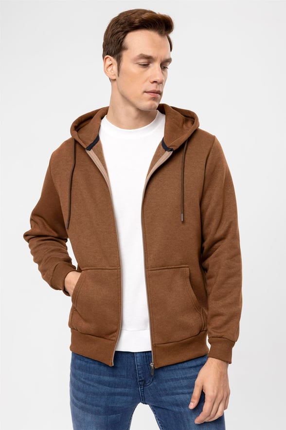 Açık Kahve Regular Düz Kapişonlu Yaka  Sweatshirt