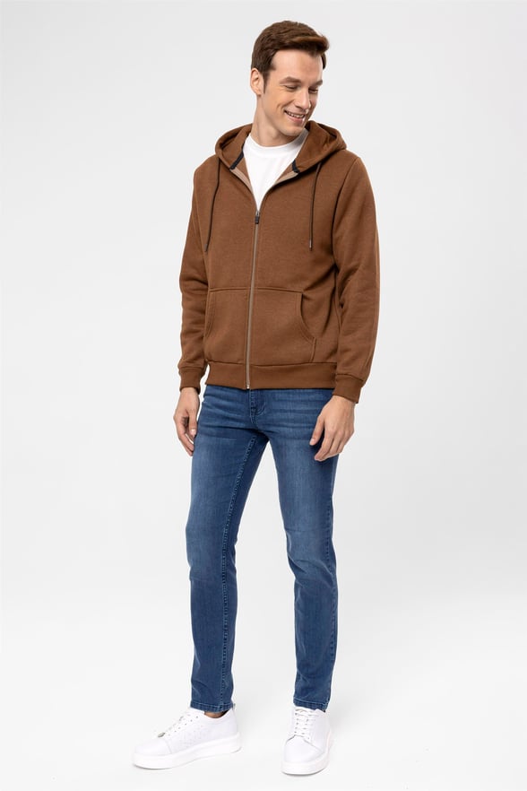 Açık Kahve Regular Düz Kapişonlu Yaka  Sweatshirt