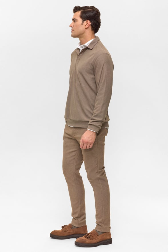 Açık Kahve Regular Düz Polo Yaka Sweatshirt