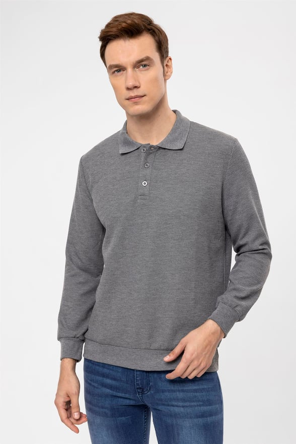 Antrasit Regular Armürlü Polo Yaka  Sweatshirt