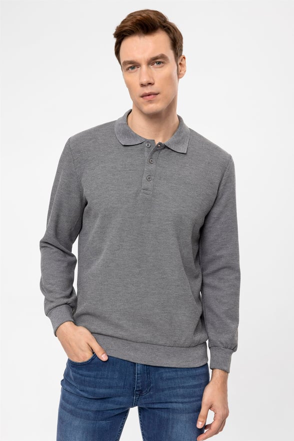 Antrasit Regular Armürlü Polo Yaka  Sweatshirt