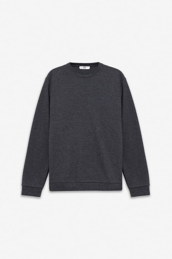 Antrasit Regular Düz Bisiklet Yaka Sweatshirt