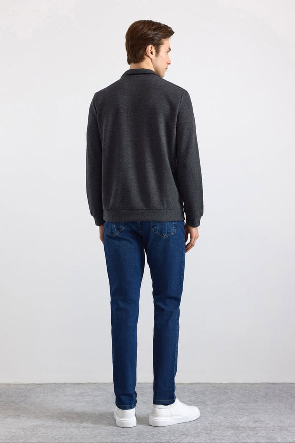 Antrasit Regular Düz Fermuarlı Polo Yaka Sweatshirt