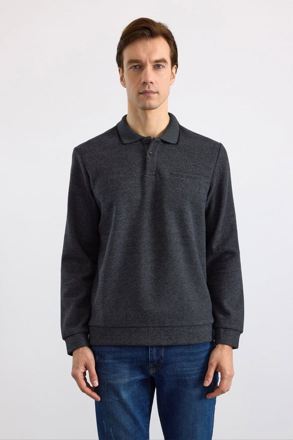 Antrasit Regular Düz Fermuarlı Polo Yaka Sweatshirt