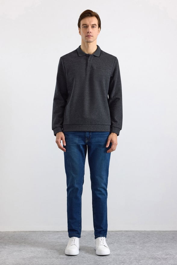 Antrasit Regular Düz Fermuarlı Polo Yaka Sweatshirt