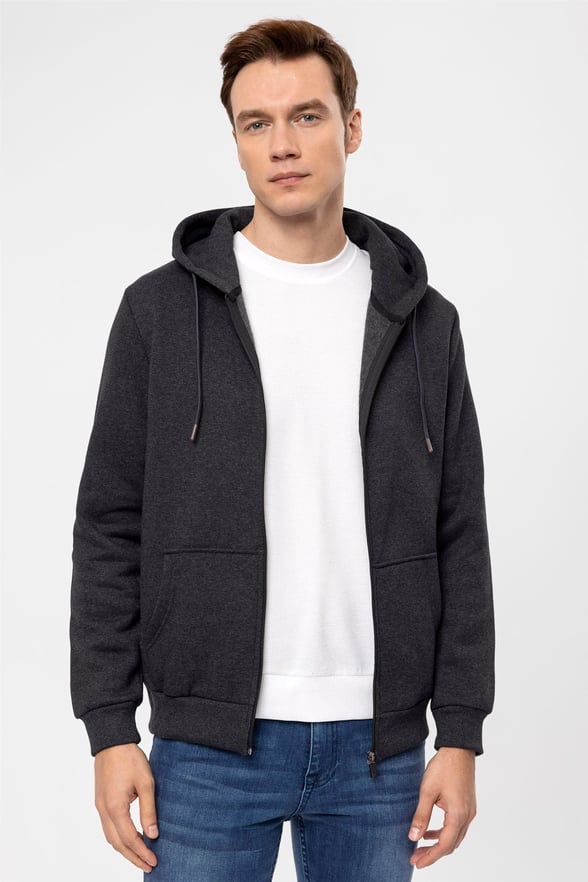 Antrasit Regular Düz Kapişonlu Yaka  Sweatshirt