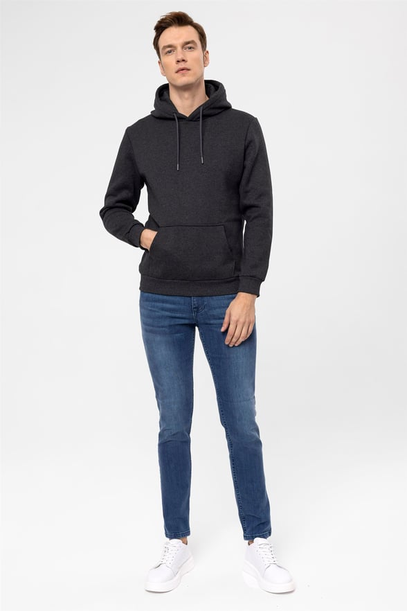 Antrasit Regular Düz Kapişonlu Yaka  Sweatshirt