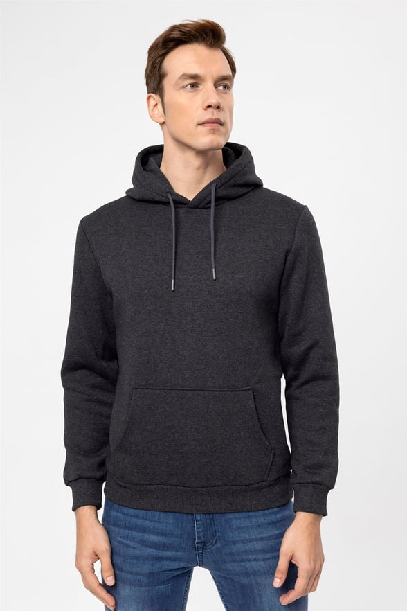 Antrasit Regular Düz Kapişonlu Yaka  Sweatshirt