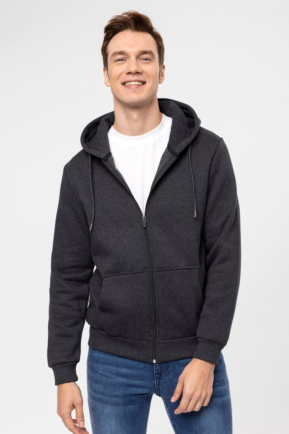 Antrasit Regular Düz Kapişonlu Yaka  Sweatshirt