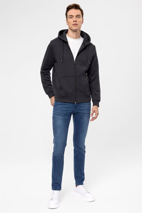 Antrasit Regular Düz Kapişonlu Yaka  Sweatshirt