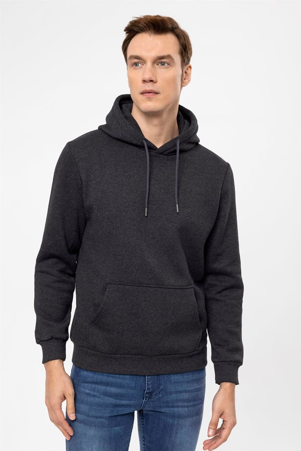 Antrasit Regular Düz Kapişonlu Yaka  Sweatshirt