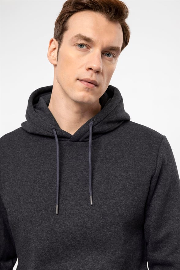 Antrasit Regular Düz Kapişonlu Yaka  Sweatshirt