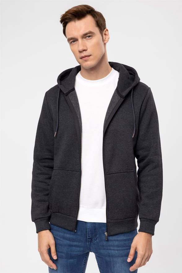 Antrasit Regular Düz Kapişonlu Yaka  Sweatshirt
