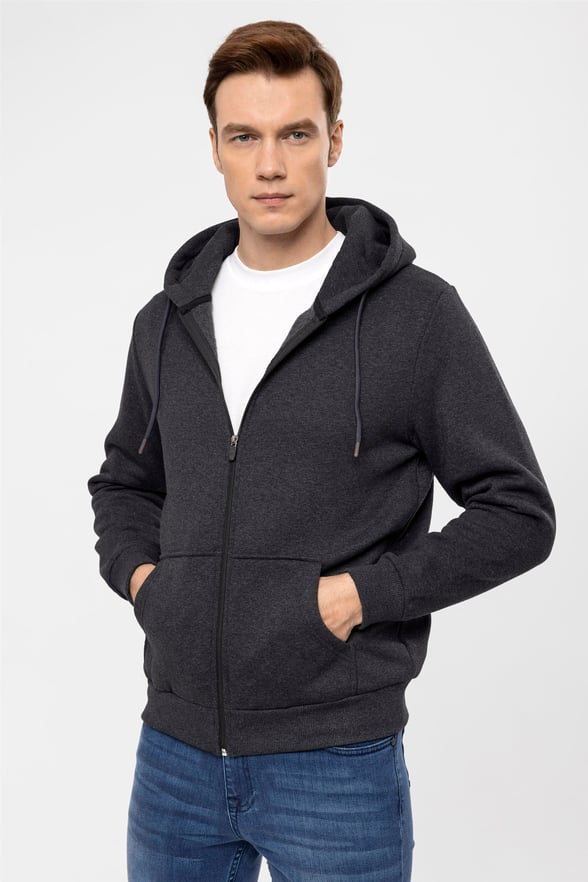 Antrasit Regular Düz Kapişonlu Yaka  Sweatshirt