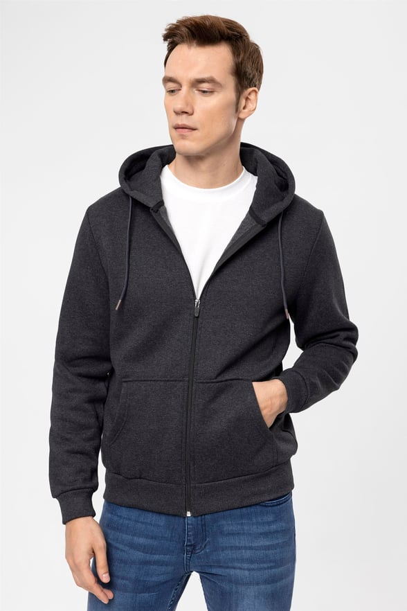 Antrasit Regular Düz Kapişonlu Yaka  Sweatshirt