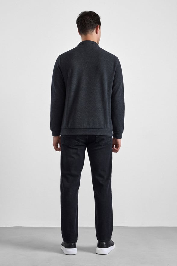 Antrasit Regular Düz Polo Yaka Sweatshirt