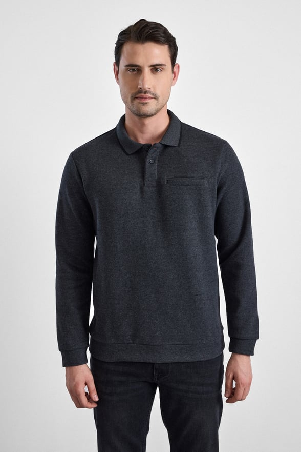 Antrasit Regular Düz Polo Yaka Sweatshirt