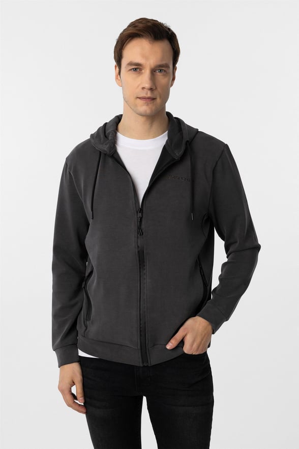 Antrasit Slim Düz Kapişonlu Yaka Sweatshirt