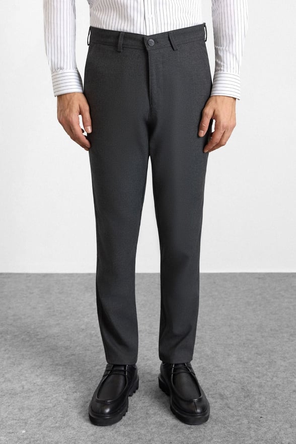 Antrasit Slim Düz Twill Normal Bel Casual Pantolon