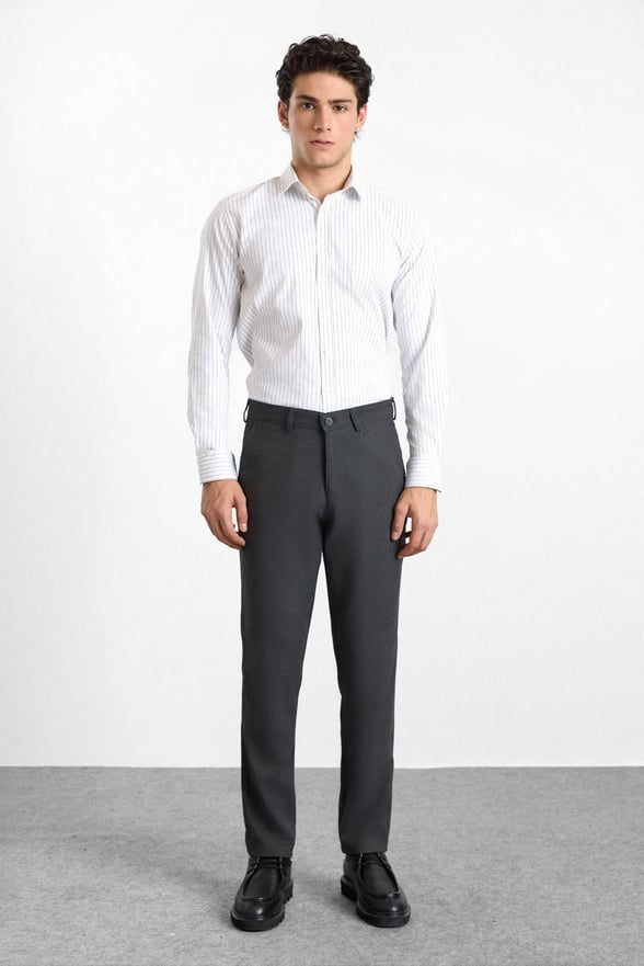Antrasit Slim Düz Twill Normal Bel Casual Pantolon