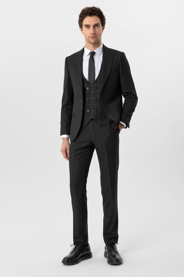 Antrasit Slim Fit Armürlü Sivri Yaka 6 Drop Yelekli Klasik Takım Elbise