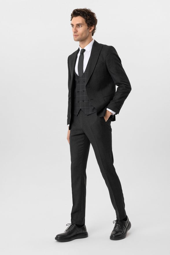 Antrasit Slim Fit Armürlü Sivri Yaka 6 Drop Yelekli Klasik Takım Elbise