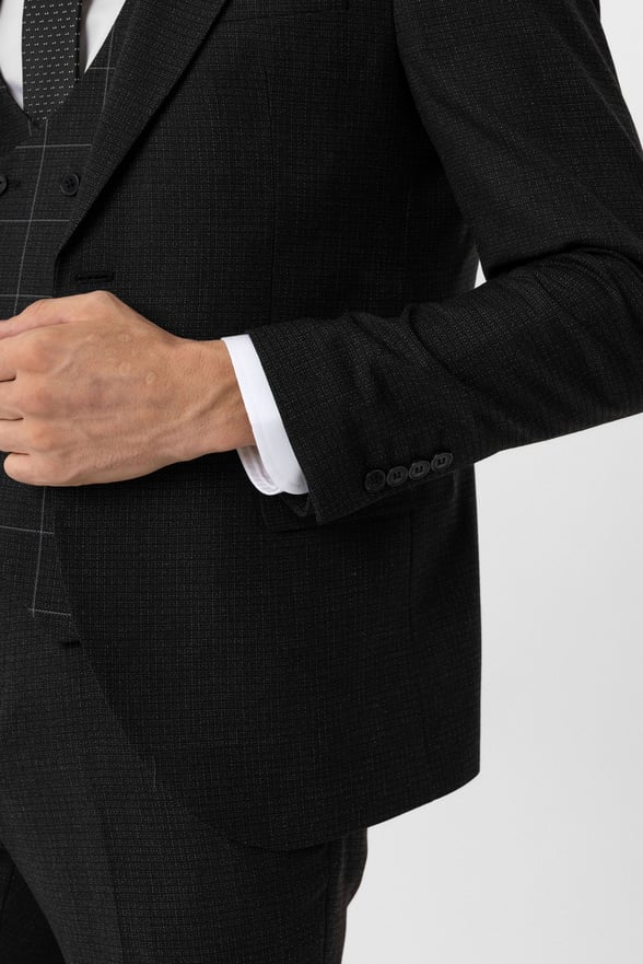 Antrasit Slim Fit Armürlü Sivri Yaka 6 Drop Yelekli Klasik Takım Elbise