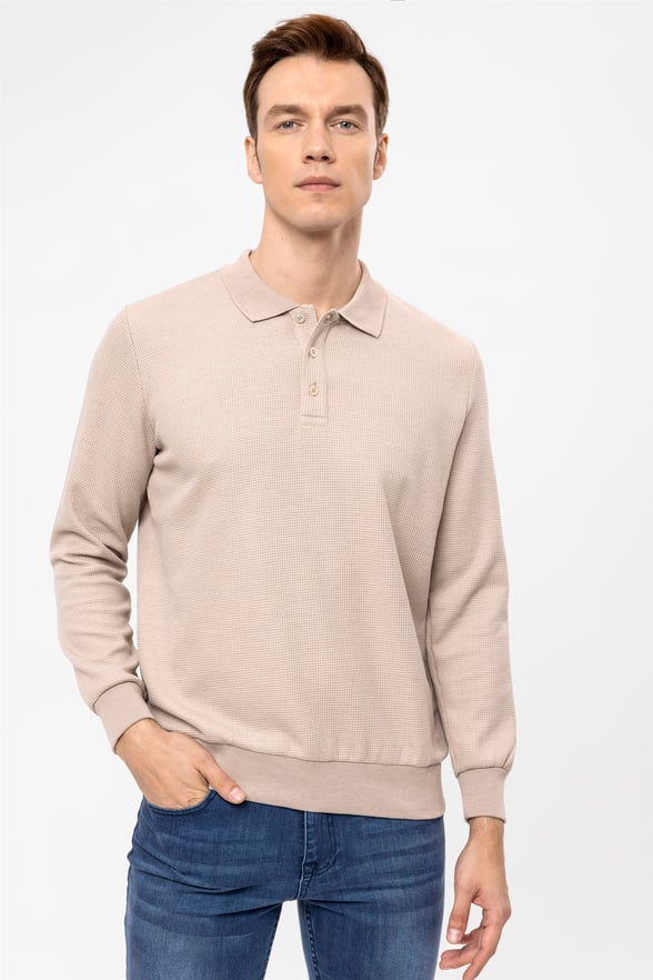 Bej Regular Armürlü Polo Yaka  Sweatshirt