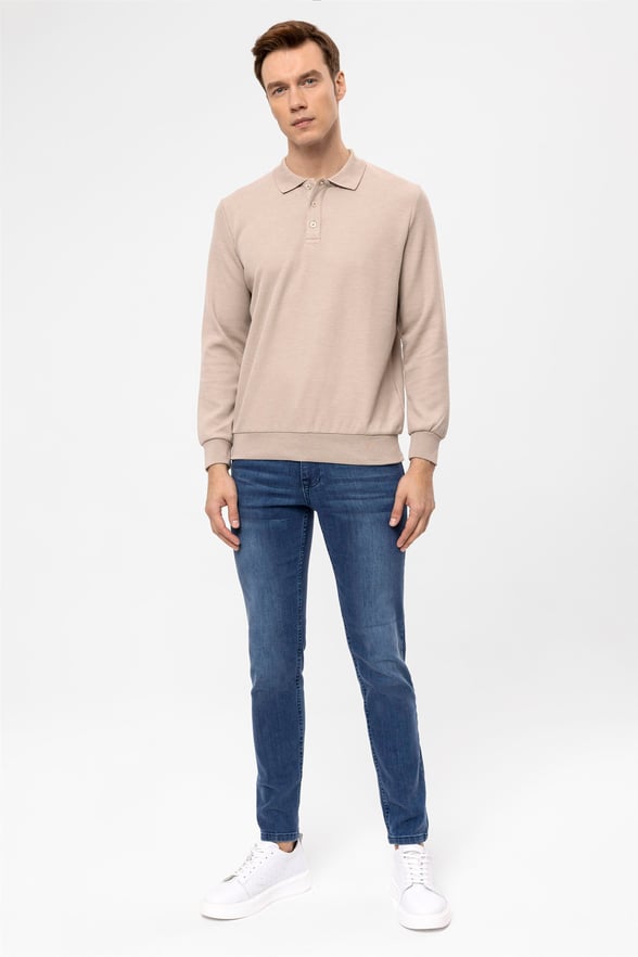 Bej Regular Armürlü Polo Yaka  Sweatshirt