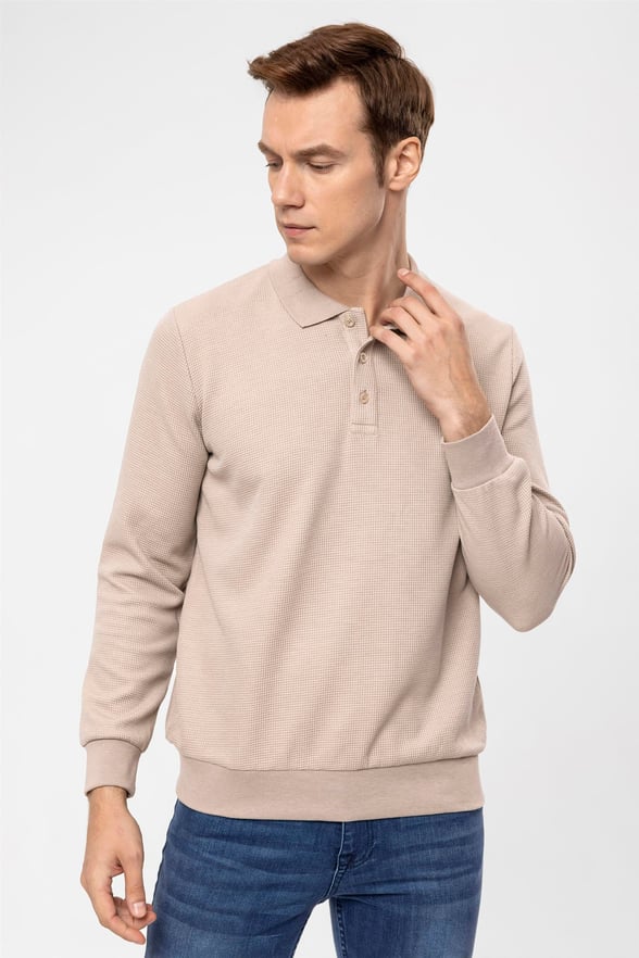 Bej Regular Armürlü Polo Yaka  Sweatshirt