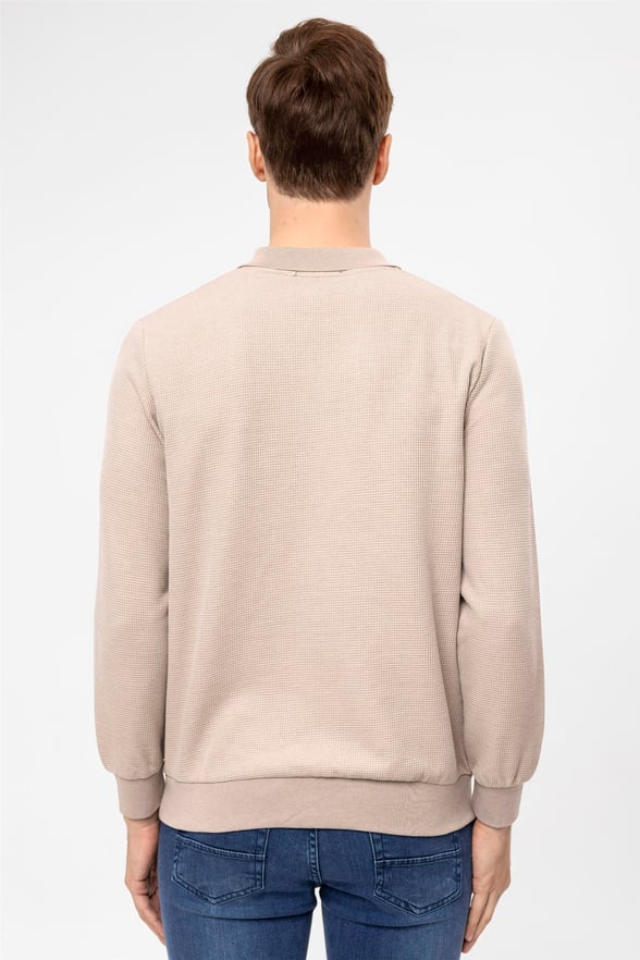 Bej Regular Armürlü Polo Yaka  Sweatshirt